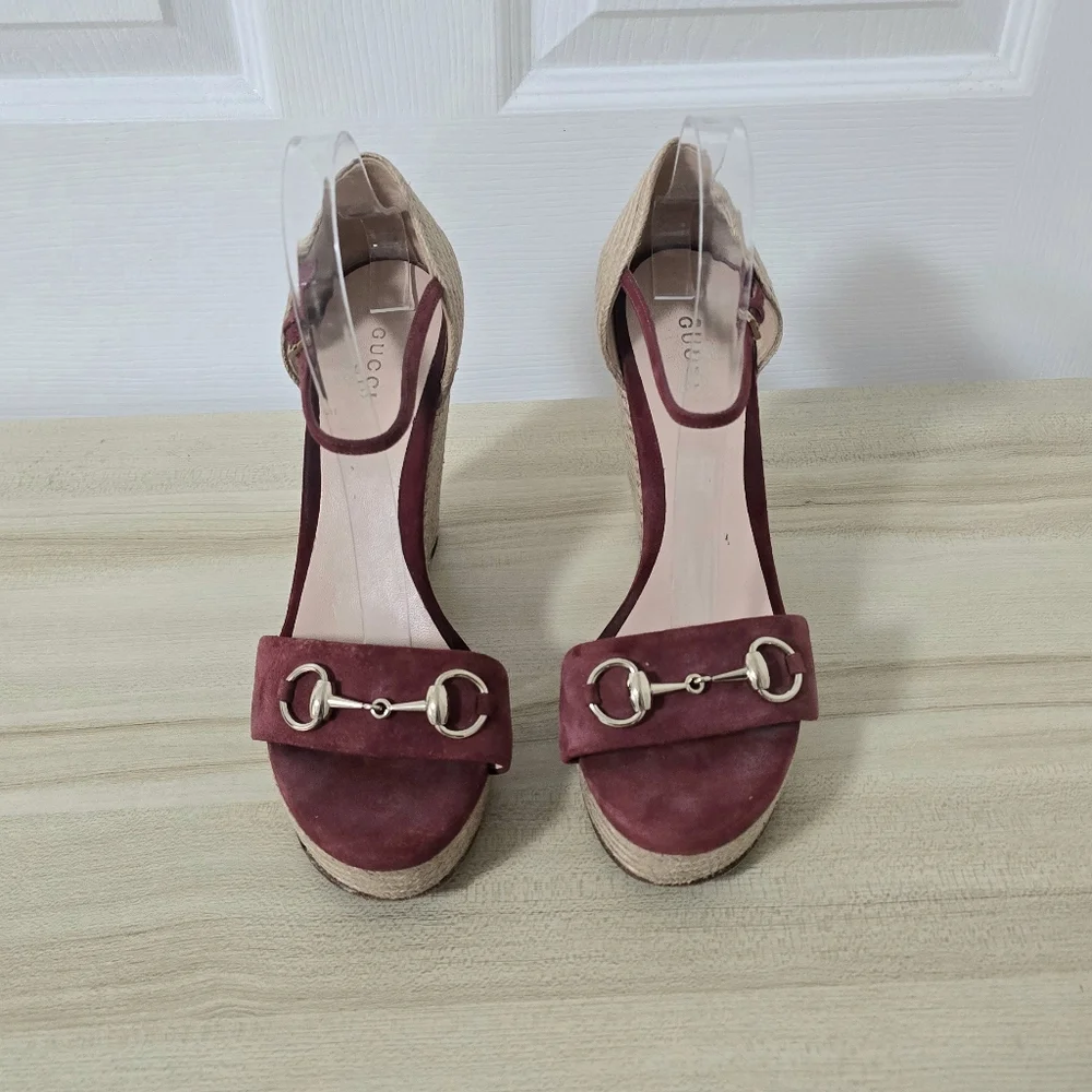 Gucci Horsebit Suede Wedge Espadrille Sandals In Dry Rose Size EU40/US9.5 - Picture 3 of 15